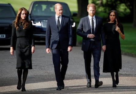 Duchess of Cambridge, Prince William, Prince Harry and Duchess of Sussex wearing black mourning clothes
