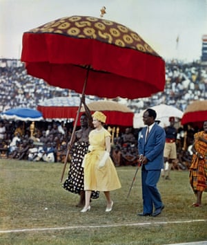 Ghana, 1960: the Queen makes her way to a dais to watch the durbar of the Ashanti chiefs, at Kumasi sports stadium