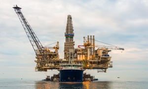 Oil rig platform transported in the calm sea, Azerbaijan. 2015.
