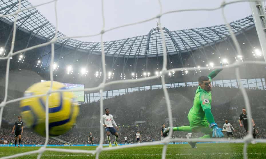 A football going into the back of the net, past the Brighton & Hove Albion goalkeeper, as Harry Kane scores for Tottenham Hotspur, December 26, 2019