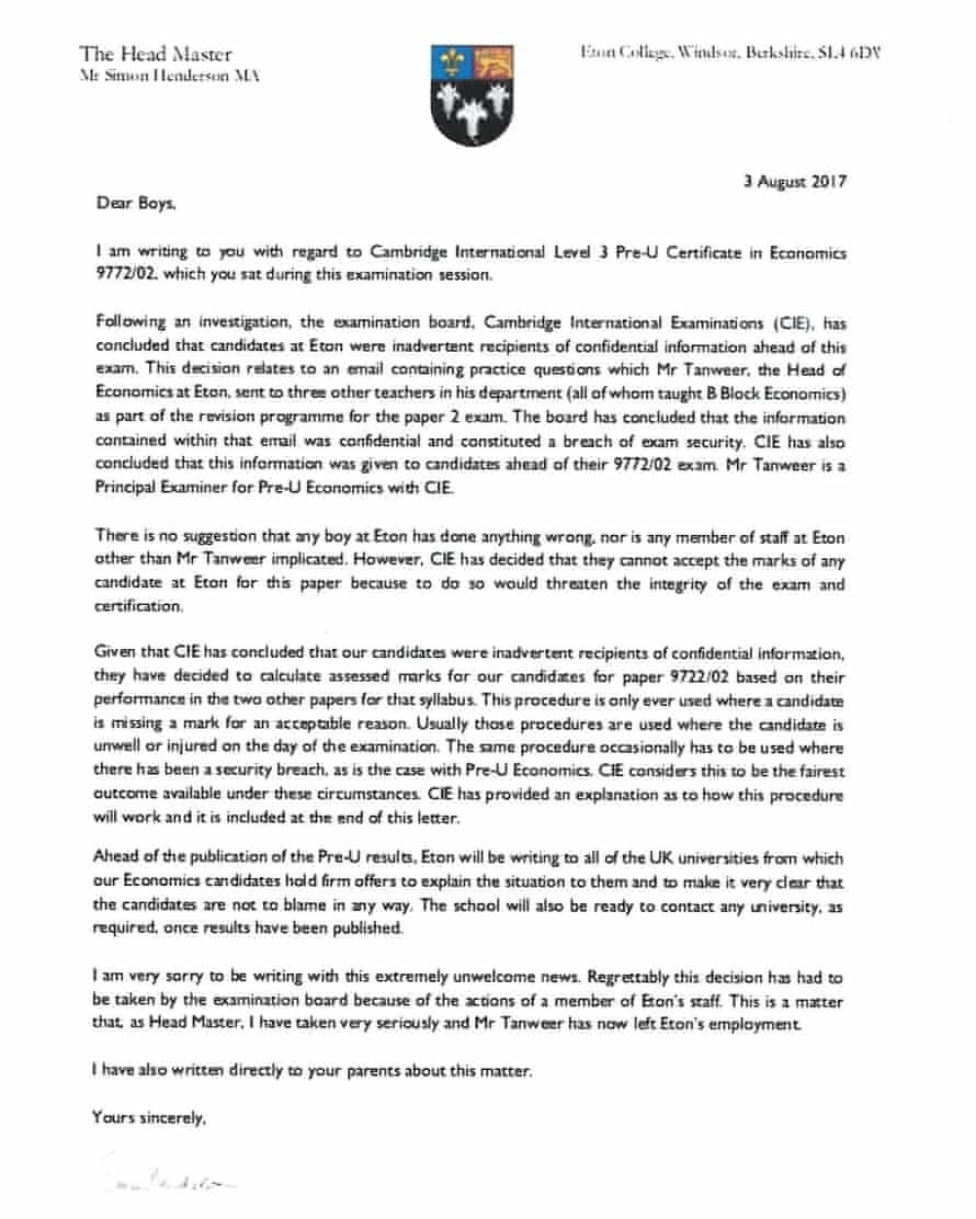 Letter from Eton regarding a teacher’s breach of exam security