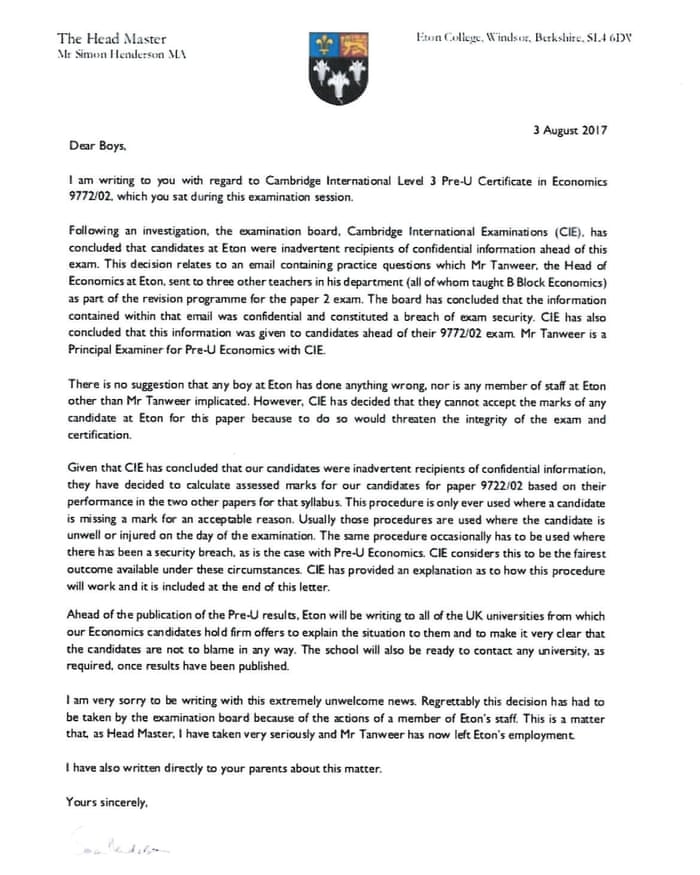 Eton Teacher Leaves School After Breach Of Exam Security Education The Guardian