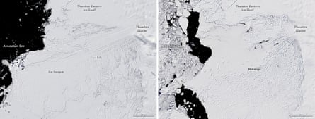 Composite image of Thwaites glacier taken on 2 December 2001 (left) and on 28 December 2019. The photos show the changes that have occurred since the start of this century.