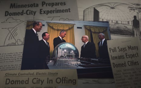 Composite photo of newspaper headlines and plans for the experimental city