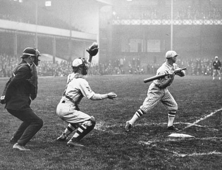 Ray Schalk of the Chicago White Sox is at the plate, with Hank Gowdy of the New York Giants is the catcher during the second leg of a post-season exhibiton tour at Goodison Park in October 1924.