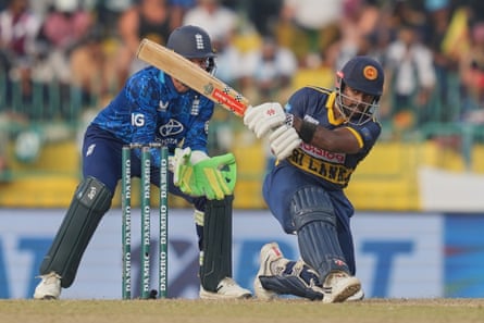 Charith Asalanka plays a shot during the second ODI match between England and Sri Lanka