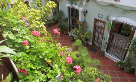 The flower-filled garden of Hostal El Patio in Lima, Peru.