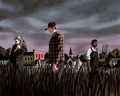 Illustration of several rural figures in a field carrying farming tools near a small town