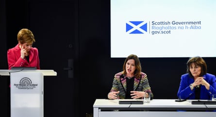 Nicola Sturgeon, left, with the Scottish chief medical officer, Catherine Calderwood, centre, and Jeane Freeman during a press conference in March 2020.