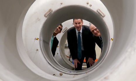 Jeremy Hunt and Rishi Sunak with another man peer out from a circular hole