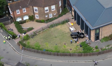 Aerial view of the scene of the crash in the grounds of the Study Preparatory school in Wimbledon in July 2023.