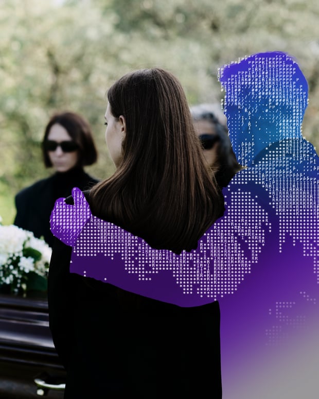 Back view of a digital man built out of code and blue light, embracing his grieving loved one at funeral