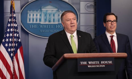 Mike Pompeo and Steven Mnuchin, the US treasury secretary, at a White House briefing.