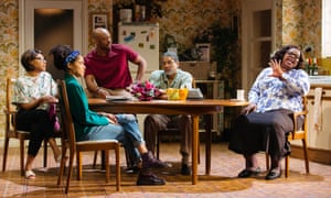 Michelle Greenidge, Franc Ashman, Oliver Alvin-Wilson, Ricky Fearon and Cecilia Noble in Nine Night at the Dorfman.