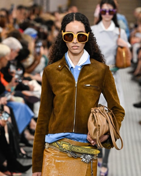 A model on the catwalk at a Miu Miu show.