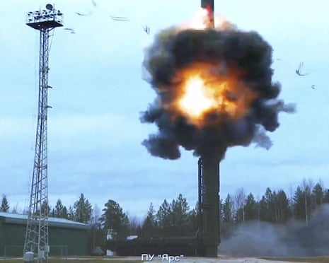 A still image from video, released by the Russian Defence Ministry, shows what it said to be Russia's Yars intercontinental ballistic missile launched during exercises held by the country's strategic nuclear forces at the Plesetsk Cosmodrome, Russia in 2022.