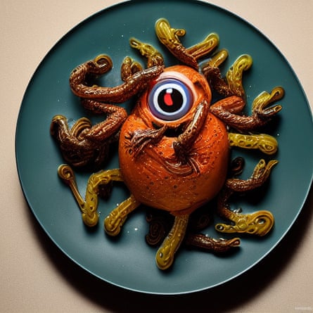 “A creature with a thousand eyes and a million limbs, cooked in the style of Duck à l’Orange”, generated by an AI artist.