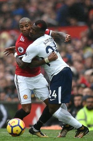 Tottenham’s Serge Aurier and Manchester United’s Ashley Young get close as United beat Spurs 1-0 at Old Trafford.