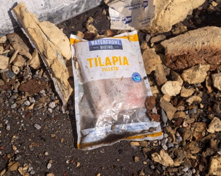 spoiled food packages on ground outside in rubble