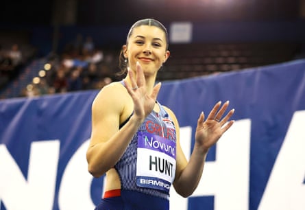 Amy Hunt waves at the UK Athletics Indoor Championships in February