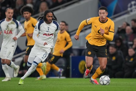 Djed Spencer, pictured up against Jobe Bellingham (right) was a menace going forward from a new position.