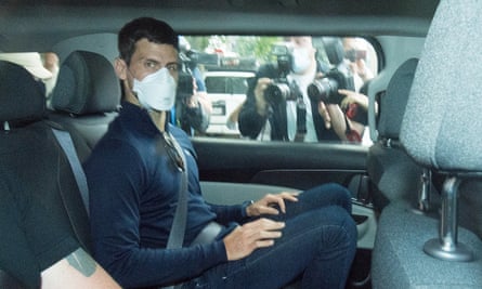 Novak Djokovic leaves the Park Hotel government detention facility before attending a court hearing on 16 January, 2022.