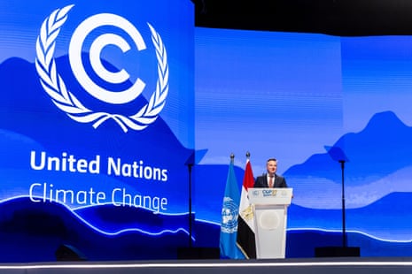 Australia’s climate change and energy minister, Chris Bowen, addresses delegates in a plenary session during the Cop27 UN Climate Change Conference in Sharm El-Sheikh, Egypt.