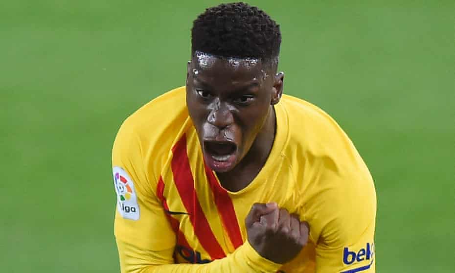 Barcelona’s 18-year-old midfielder Ilaix Moriba celebrates scoring in the 83rd minute against Osasuna – his first goal for the club on his third league appearance.