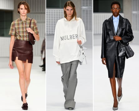 Composite shot of three models walking the runway at Christopher Kane and Mulberry's London fashion week show