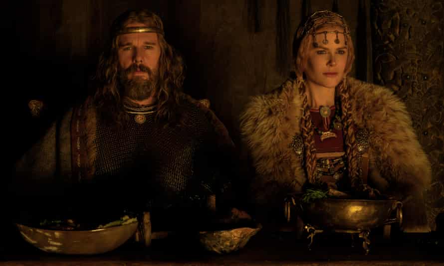 Ethan Hawke as King Aurvandil and Nicole Kidman in The Northman.