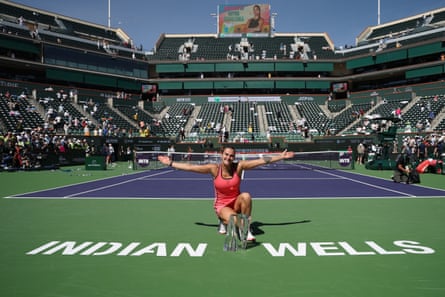 Aryna Sabalenka celebrates her win at Indian Wells.