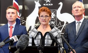 One Nation leader Pauline Hanson speaks during a press conference alongside James Ashby (left) and Steve Dickson in response to an undercover investigation by al-Jazeera, in which Hanson appears to suggest the Port Arthur massacre was a government conspiracy.