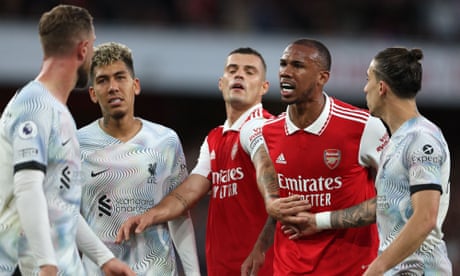 Arsenal's Gabriel Magalhães makes his feelings known as players clash during Liverpool’s defeat at the Emirates