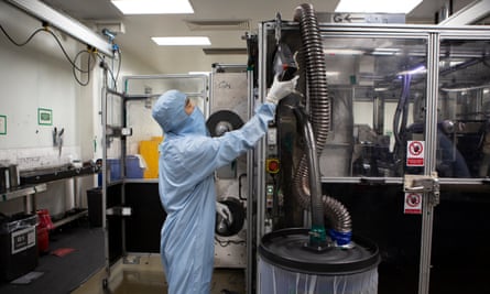 A worker inspects equipment in the clean room area at Envision's 'gigafactory' in Sunderland.