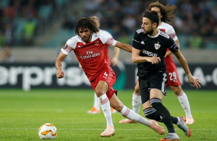 Mohamed Elneny in action during Arsenal’s visit to Azerbaijan to face Qarabag in October. Mkhitaryan was also left at home for that game.