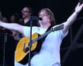 Lewis Capaldi spreads his arms wide as he sings on Glastonbury's Pyramid stage