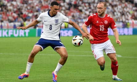England’s Trent Alexander-Arnold battles Denmark’s Christian Eriksen for possession in their group game in Euro 2024.