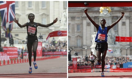 Mary Keitany and Daniel Wanjiru cross the finishing line of the 2017 London Marathon