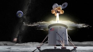 A proposed design for a Nasa Artemis programme ascent vehicle leaving the surface of the moon, separating from a descent vehicle.