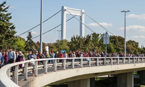 Syrian refugees marching through Budapest, heading towards Austria and then Germany, in September 2015.