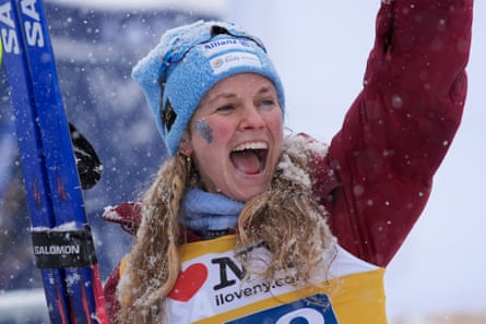 Jessie Diggins reacts after Friday’s race in Lake Placid, New York.