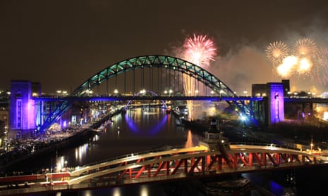 Fireworks over the Tyne, Newcastle, UK on New Year's Eve.