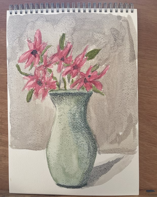 Watercolor still life of pink and purple flower vase