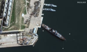 A satellite image shows a view of Russian Navy’s guided missile cruiser Moskva at port, in Sevastopol, Crimea, on 7 April.