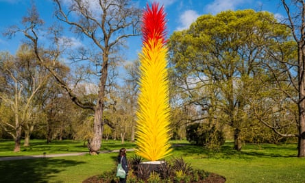 Scarlet and yellow icicle tower at Kew Gardens.