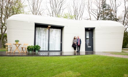 Harrie Dekkers and Elize Lutz at the 3D-printed house near Eindhoven in the Netherlands