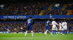 Chelsea’s Mason Mount shoots at goal from a free kick but the Palace wall does its job.