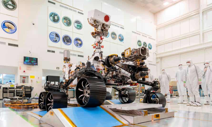 Engineers in Nasa’s jet propulsion laboratory in Pasadena, California with the Perseverance rover in 2019.