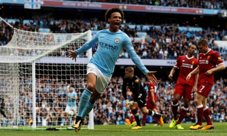 Leroy Sané enjoys scoring the first of his two goals in Manchester City’s 5-0 win over Liverpool in September.