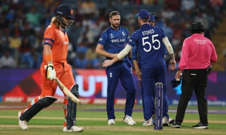 Chris Woakes of England celebrates the wicket as Max O'Dowd trudges off.